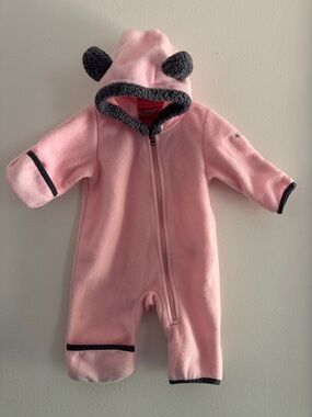 Columbia Pink Fleece Hooded Footie with Dark Gray Trim and Ear Accents